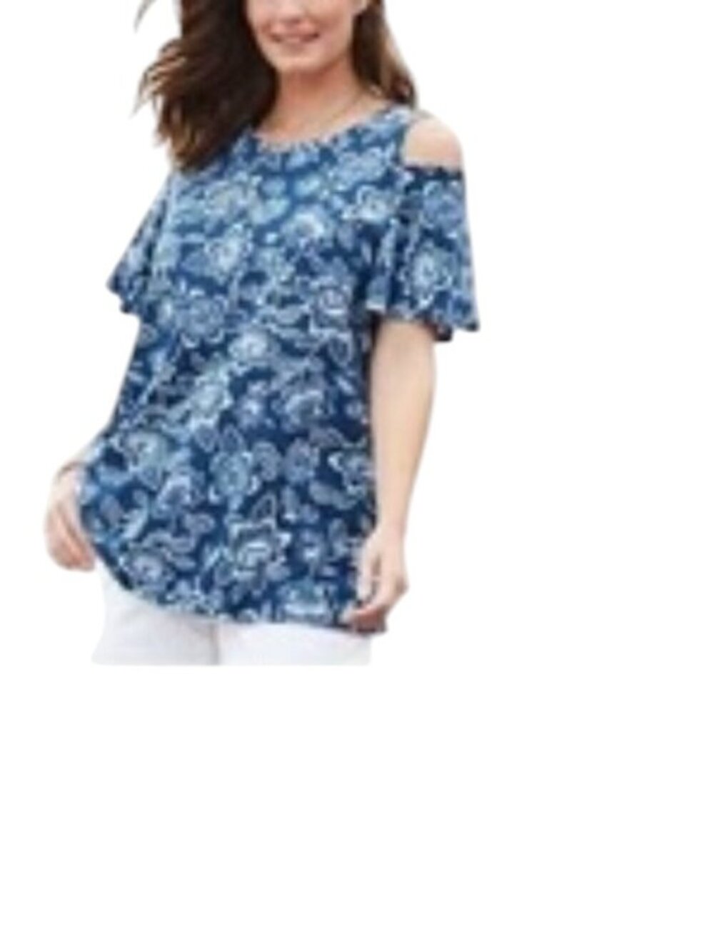 Woman Within Blue Floral SS Cold Shoulder Lightweight Cotton/Rayon Top (14-16)